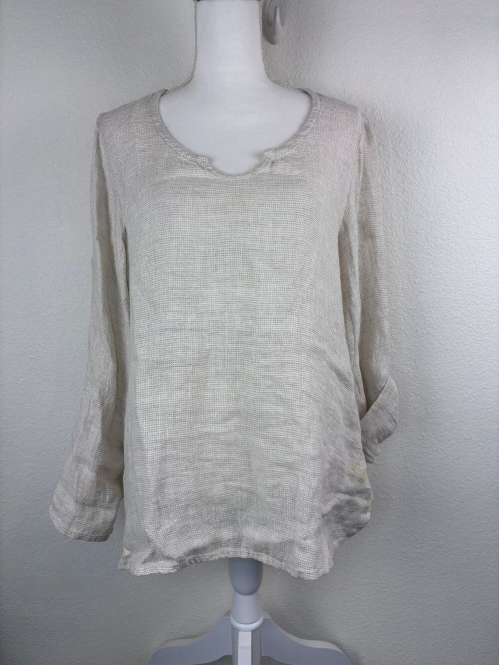 Flax women's small beige long sleeve woven linen lagenlook cottagecore tunic